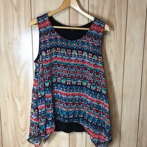 Espresso Blue & Pink Decorative Scoop Neck Tank Top L